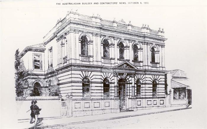 Engraving of the bank building from The Australasian Builder and Contractors' News, 1892, with two figures walking past on the footpath.